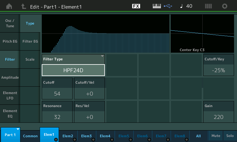 MONTAGE screen showing PART 1 - Element 1 = HPF24D.